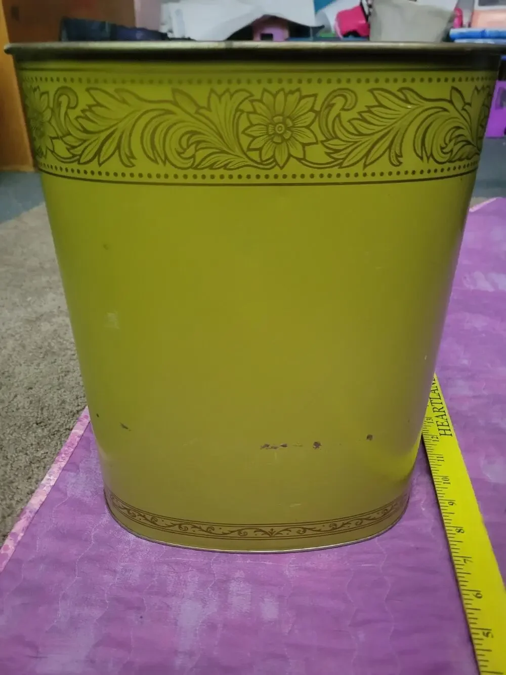 Vtg Mid Century J L CLARK Metal Wastebasket Trash Can Gold Scroll Olive Green